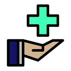 Obraz premium icon of an open hand with a medical cross above it. Symbolizing healthcare support, medical assistance, or health insurance services. Flat style design, isolated on white background.