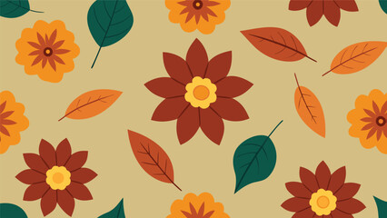 warm autumn floral seamless pattern with colorful flowers and leaves on a beige background
