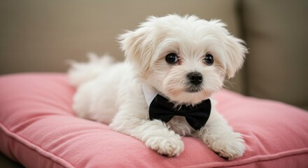 Adorable white puppy wearing a bowtie, resting on a pink cushion