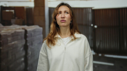 Young woman stands thoughtfully indoors at a construction site with stacks of materials, conveying...