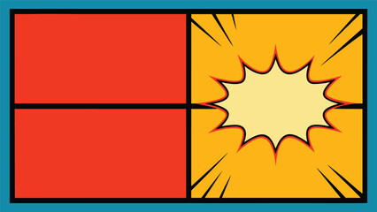 vibrant comic book blank template with red and yellow panels and an explosion speech bubble perfect for pop art and marketing