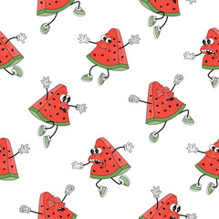 Groovy watermelon seamless pattern. Funny characters with emotional faces and poses, arms and legs. Red, green, brown colors on white background. Vector cartoon design for textile, fabric, wallpaper.
