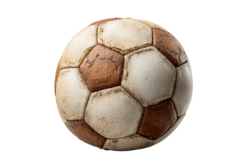 PNG Weathered vintage soccer ball with brown and white panels on black background