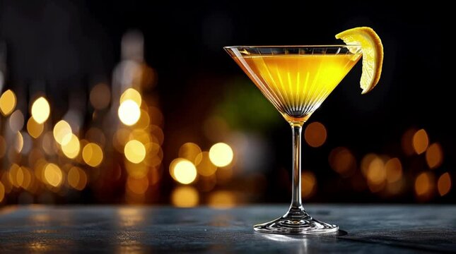 sidecar cocktail with lemon, bokeh lights