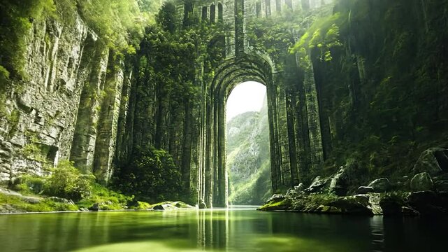 Overgrown stone archway spans a tranquil river nestled within a lush green canyon
