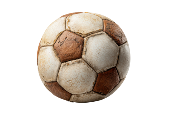 PNG Weathered vintage soccer ball with brown and white panels on black background