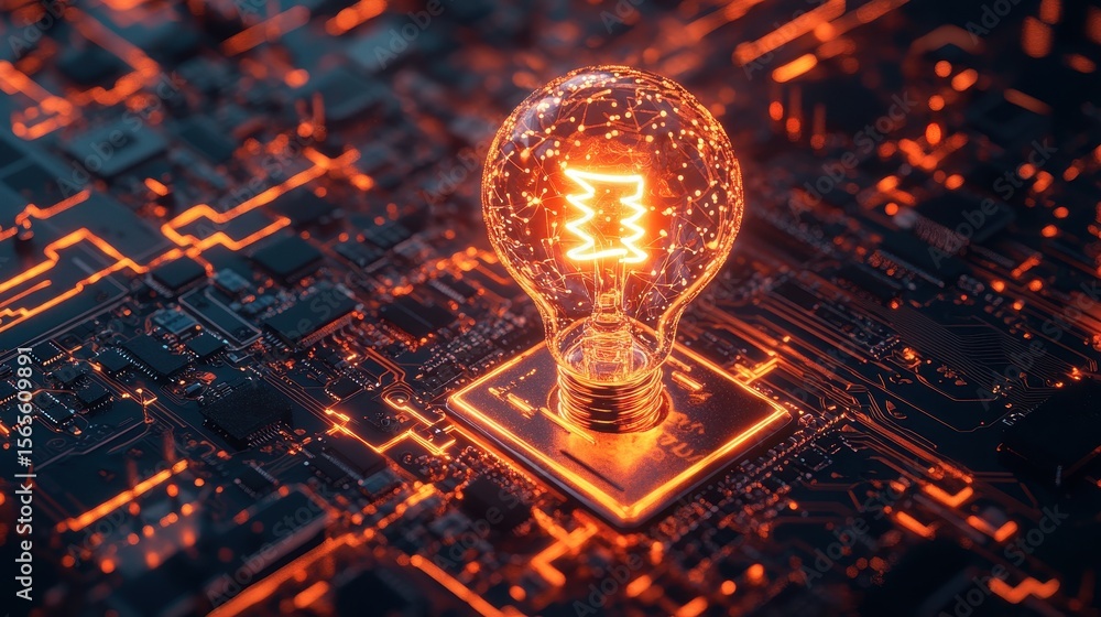 Poster futuristic lightbulb network. innovative idea symbol on microchip with orange neon data flowing acro