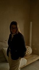 Woman standing indoors in a mediterranean house with large windows and modern decor, looking...