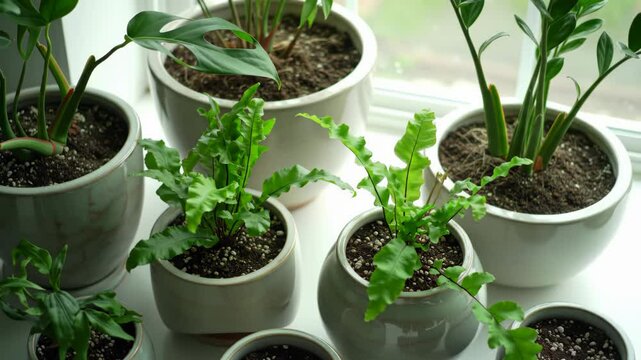 Potted houseplants near a window in natural light, indoors
