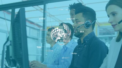 Call center agents handling calls while data globe pulses and team lead pointing guiding teamwork - Powered by Adobe