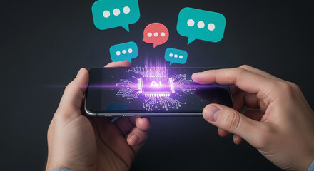 Hands hold smartphone displaying AI microchip and chat bubbles, symbolizing artificial intelligence communication and mobile technology