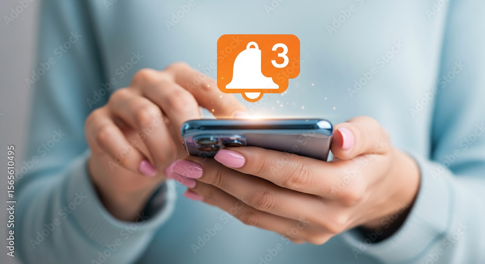 Poster close-up of hands holding smartphone, displaying notification icon with three unread messages, symbo