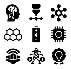 Innovative Mineral Tech Icons. Solid, filled icons set of innovative mineral technologies: AI circuit, 3D