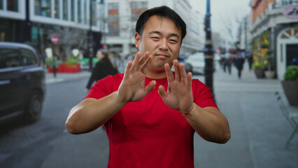 Young man in red shirt gesturing on busy urban street with buildings and vehicles in the...