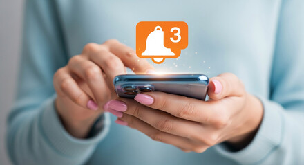 Close-up of hands holding smartphone, displaying notification icon with three unread messages, symbolizing online communication and digital interaction