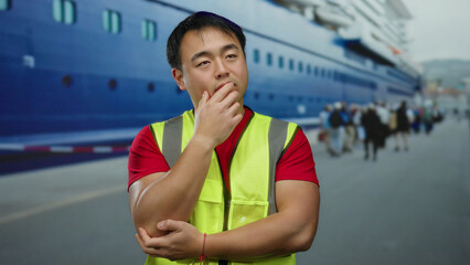 Young man in safety vest smiling confidently at port with a massive ship in the background...
