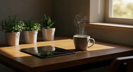 Sunlit wooden table, steaming coffee mug, tablet, and small potted plants near window