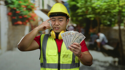 Construction worker with headphones in urban street holding us dollars and making a confused...