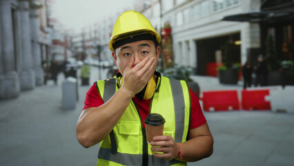Construction worker yawning outdoors in city street holding coffee wearing hard hat and safety vest.