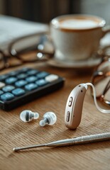 Hearing aid device lies on table with cleaning tool, coffee, calculator and eyeglasses