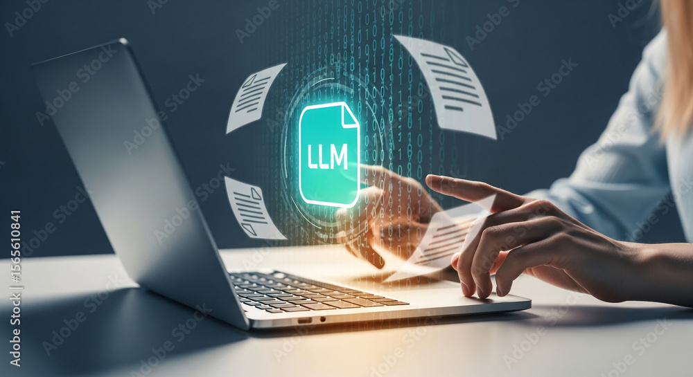 Aufkleber laptop screen displays llm file icon surrounded by data stream, showcasing digital document processi