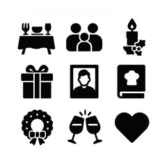 Family Tradition Icons. Solid, filled icons set of celebrating family traditions: dinner table, family group,