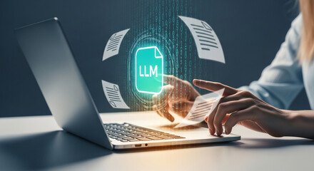 Laptop screen displays LLM file icon surrounded by data stream, showcasing digital document processing and large language model technology