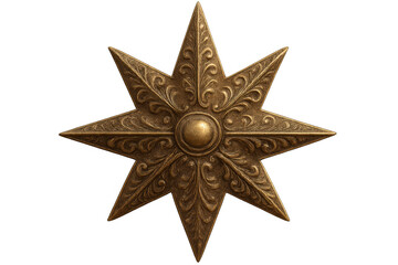 Fototapeta premium Ornate golden star featuring intricate floral details and central button, symbolizing luxury and vintage elegance against transparent backdrop