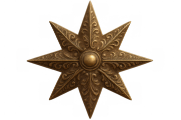Ornate golden star featuring intricate floral details and central button, symbolizing luxury and vintage elegance against transparent backdrop