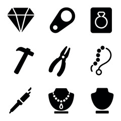 Traditional Jewelry Icon Set. Solid, filled icons set of traditional jewelry making: gemstone icon, jeweler’s