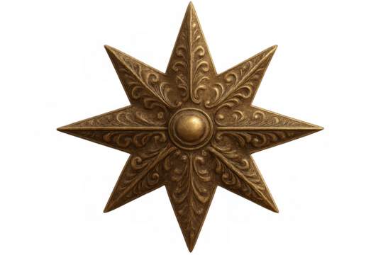 Ornate golden star featuring intricate floral details and central button, symbolizing luxury and vintage elegance against transparent backdrop