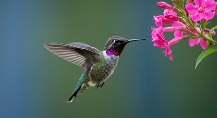 Fototapeta premium Hummingbird in Flight Near Pink Flowers