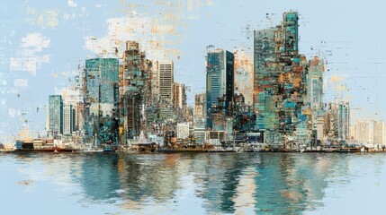 Fototapeta premium Abstract cityscape, painted in a collage style.
