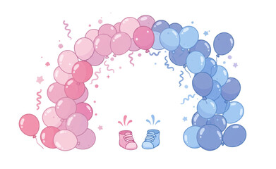 Celebrate with a whimsical gender reveal graphic featuring pink and blue balloons forming an arch with cute baby shoes, perfect for invitations.