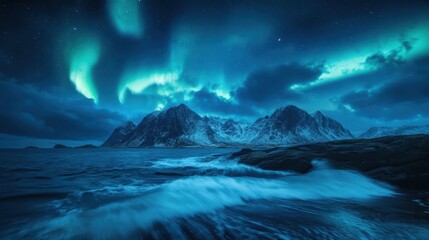 Fototapeta premium Festive Yuletide Shores: Enchanting Winter Skies Above the Ocean with Northern Lights Over Serene Waves