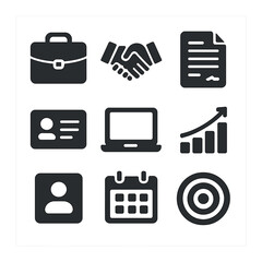 Business Essentials Icons. Solid, filled icons set of personal consulting business essentials: briefcase icon,