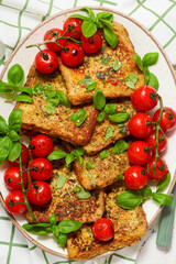 Easy Savory French Toast with Roasted Cherry Tomatoes and Basil..selective focus