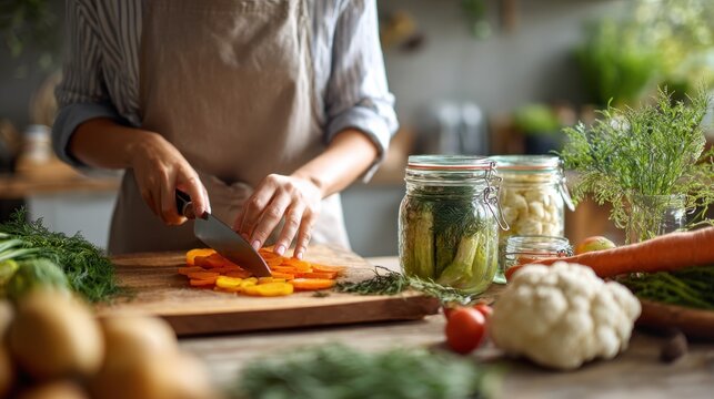 first-time canner slicing vegetables on cutting board, modern kitchen background,