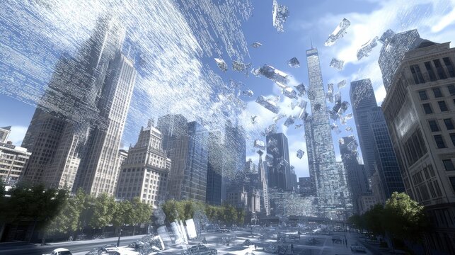 Shattered cityscape in a digital effect.