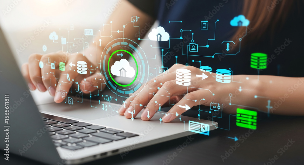 Poster hands interacting with a laptop, showcasing a digital cloud computing network interface, symbolizing