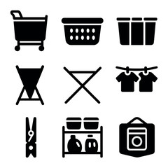 Laundry Room Icons. Solid, filled icons set of laundry room organization: rolling laundry cart, labeled basket