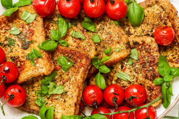 Easy Savory French Toast with Roasted Cherry Tomatoes and Basil..selective focus