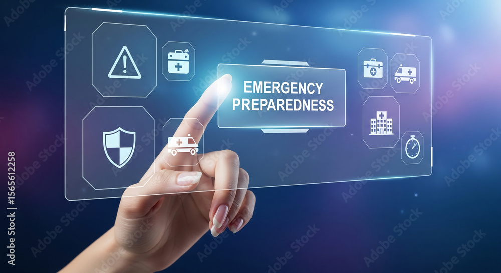 Aufkleber hand interacts with transparent digital interface displaying emergency preparedness icons and text, 