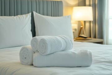 Obraz premium Serene Hotel Haven: Fresh Linens and Cozy Decor in a Brightly Lit Room