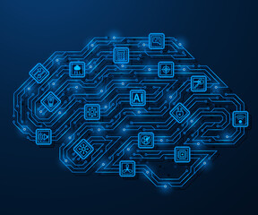 The brain consists of electronic tracks of a printed circuit board and microcircuits. The concept of artificial intelligence, digital neural network and information processing.