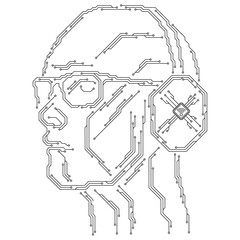 The digital mind. The contours of a person's face wearing glasses and wireless headphones are formed from thin lines that mimic tracks on a printed circuit board. White background.