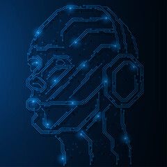 A cybernetic human head wearing headphones with a microphone. Glowing paths simulating electronic connections create an image of artificial intelligence and high technology.