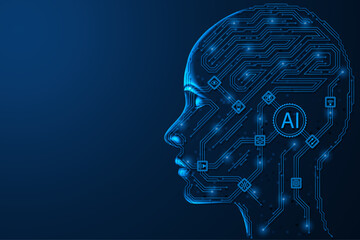 The digital profile of artificial intelligence. A central processor connecting chips and circuit tracks simulating electronic connections. Synthesis of thinking and synthetic intelligence.