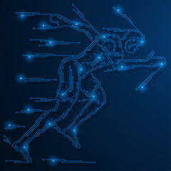 The figure of a running man in the form of printed circuit board tracks. The race and the forward movement of new technologies.
