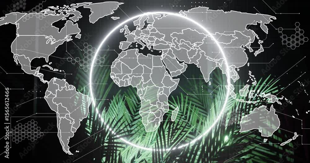 Poster map appearing starting neon arc spinning around globe creating loop with fronds and hex grids